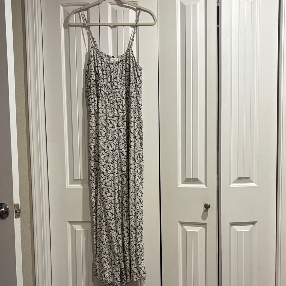 Abound Cream Floral Spaghetti-Strap Jumpsuit with Green & Black Print